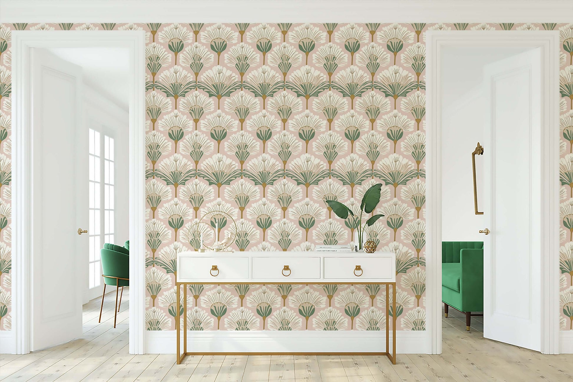 Art Nouveau Flora wallpaper with pink, white, and green floral design in an elegant room, creating a graceful and vintage botanical look.
