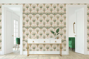 Art Nouveau Flora wallpaper with pink, white, and green floral design in an elegant room, creating a graceful and vintage botanical look.