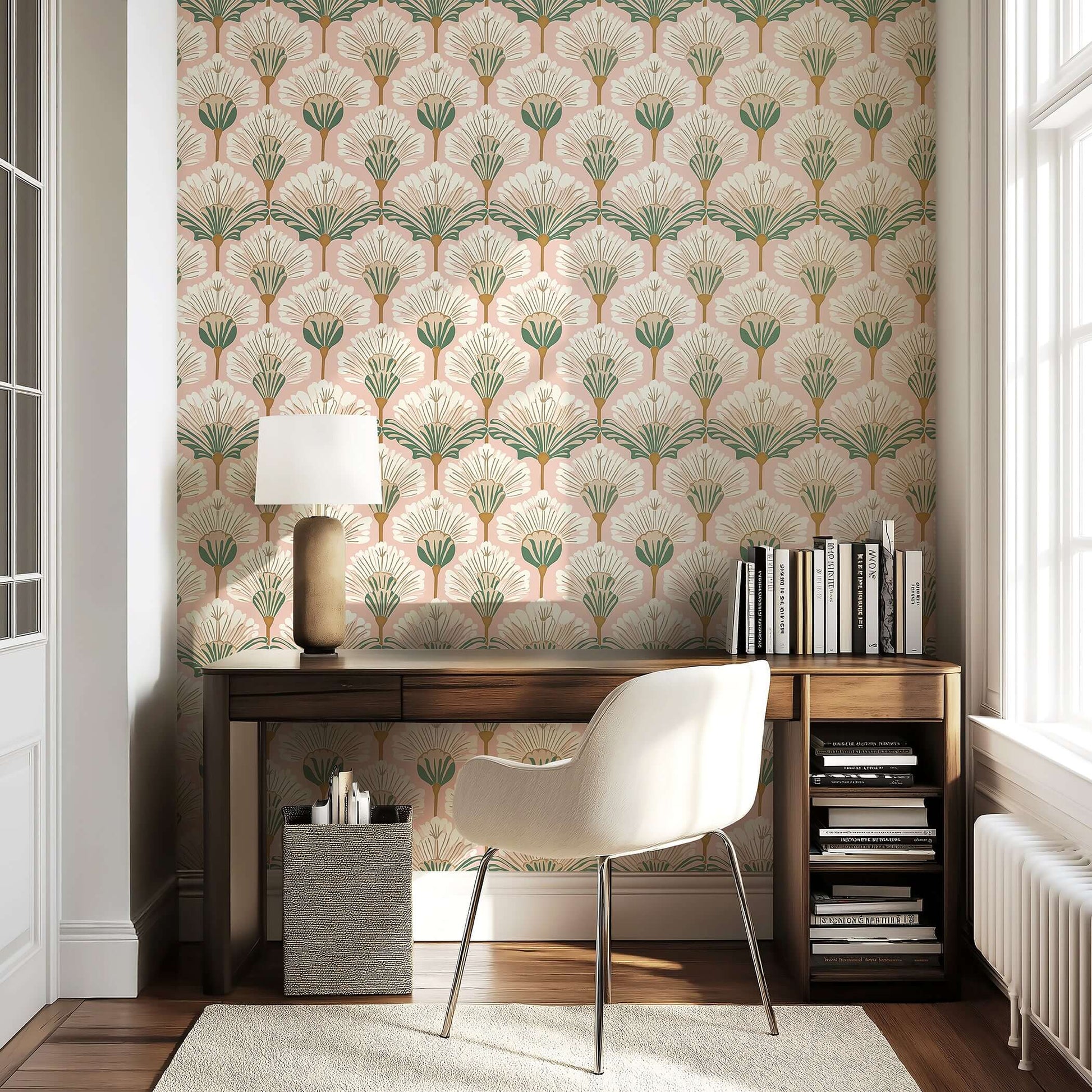 Art Nouveau Flora Wallpaper with fan-shaped flowers in ivory, green, and gold against a blush background, enhancing a serene study space.