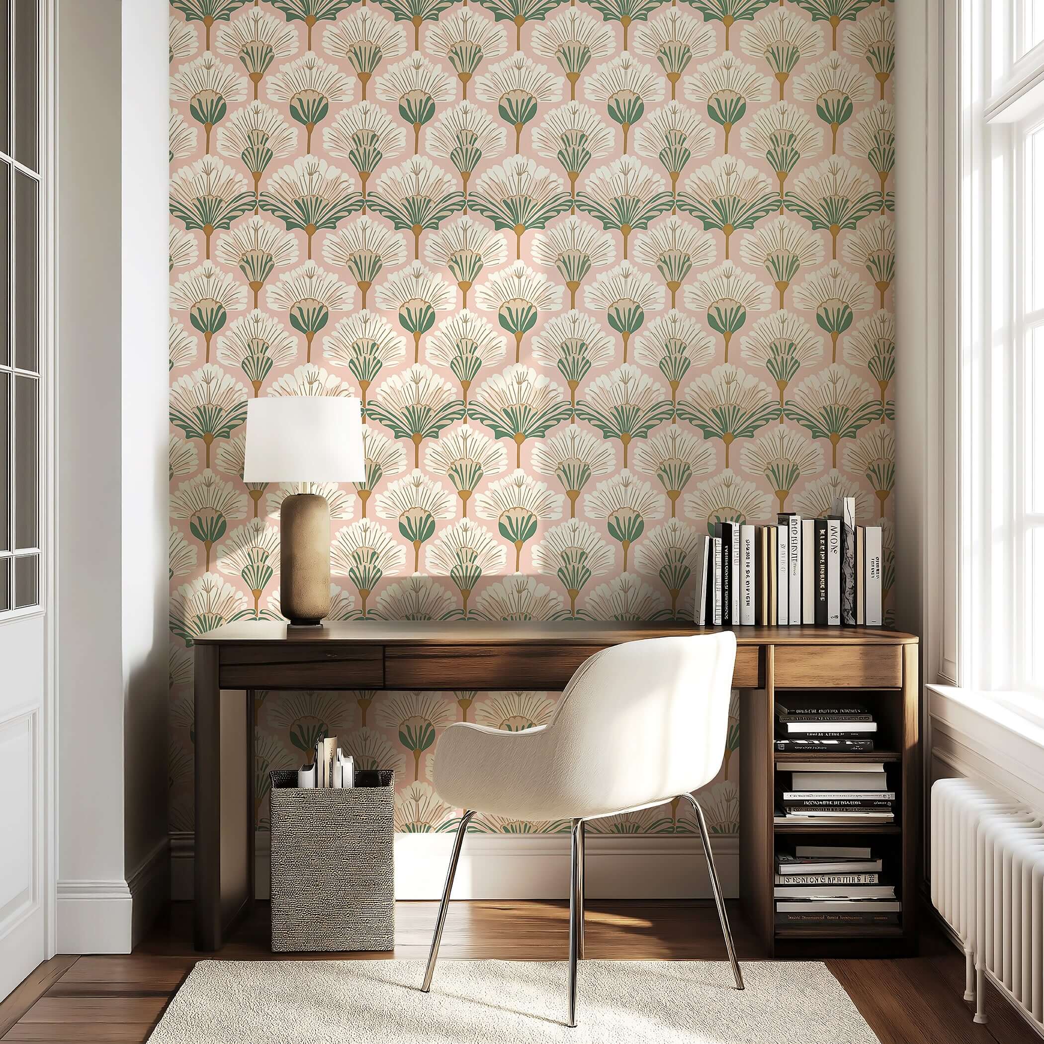 Art Nouveau Flora Wallpaper with fan-shaped flowers in ivory, green, and gold against a blush background, enhancing a serene study space.