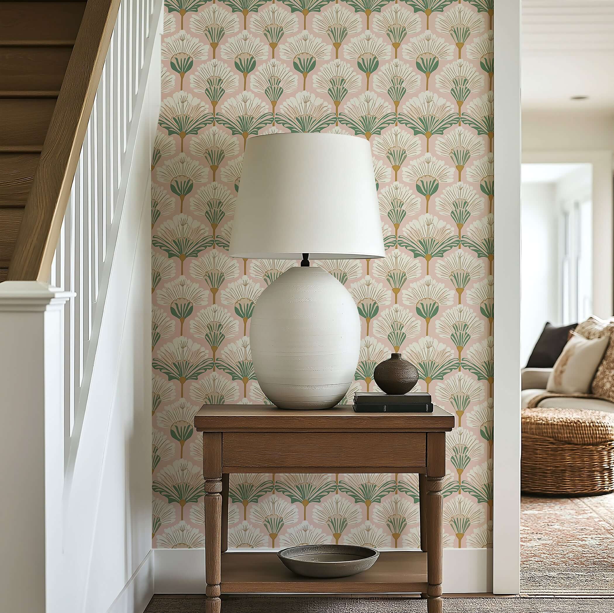 Art Nouveau Flora wallpaper with pink, white, and green floral design, enhancing a stylish room interior with vintage elegance.