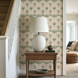 Art Nouveau Flora wallpaper with pink, white, and green floral design, enhancing a stylish room interior with vintage elegance.