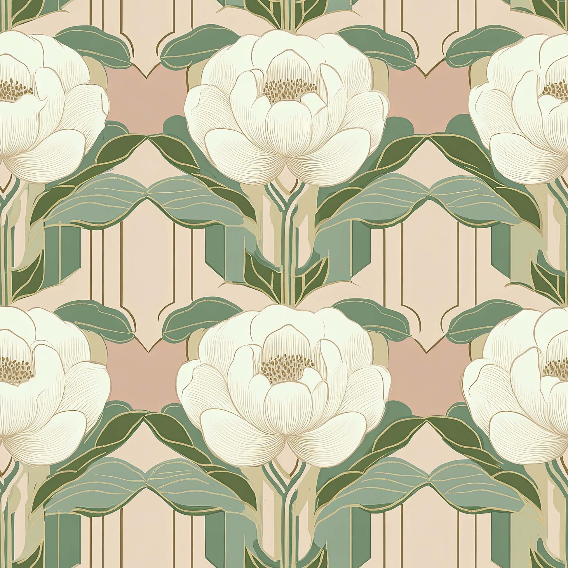 Art Deco wallpaper featuring ivory peonies with sage green leaves and pink background, blending floral beauty with geometric elegance.