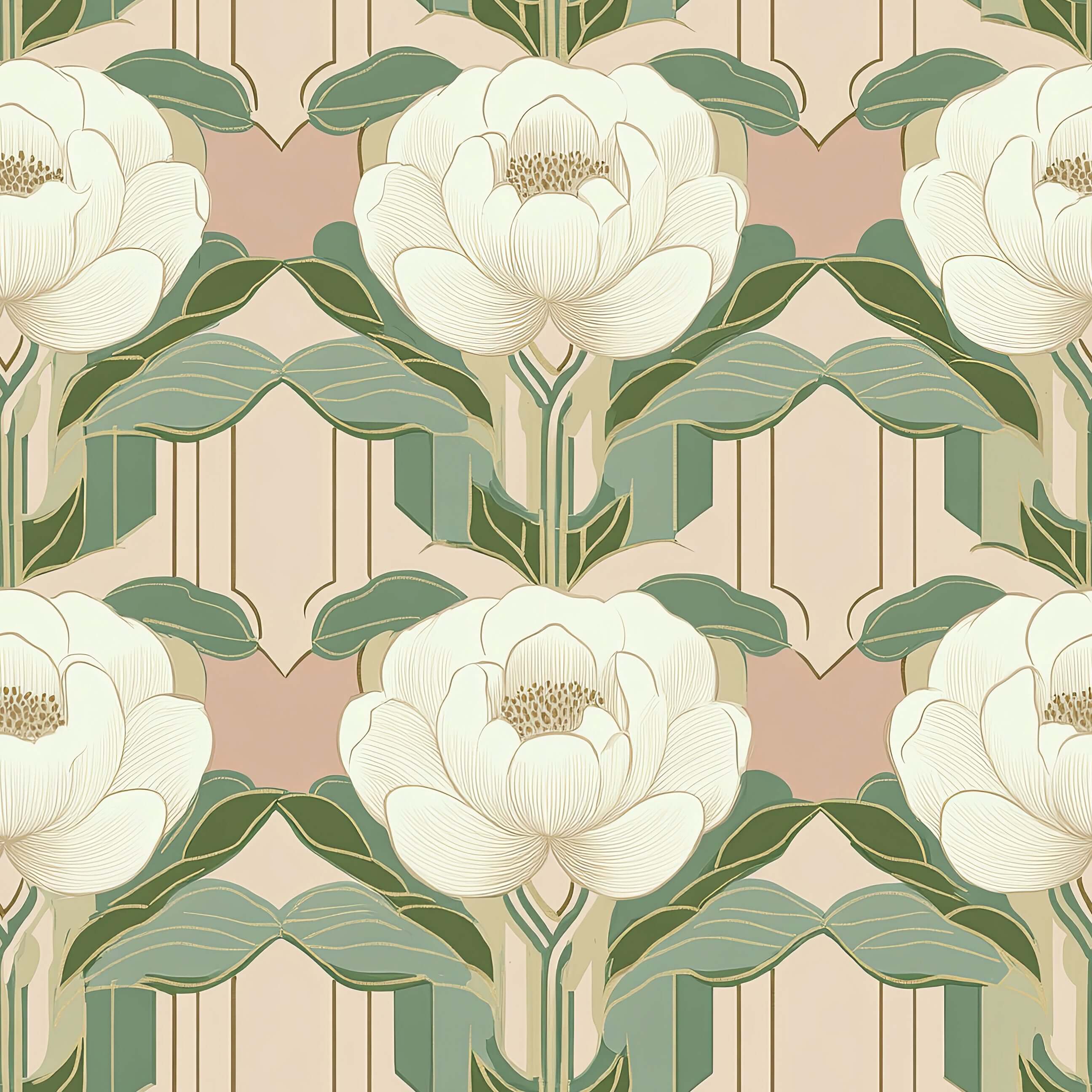 Art Deco wallpaper featuring ivory peonies with sage green leaves and pink background, blending floral beauty with geometric elegance.