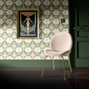 Art Deco wallpaper with pink and green peonies featuring elegant floral and geometric patterns, framed artwork, and a modern chair.