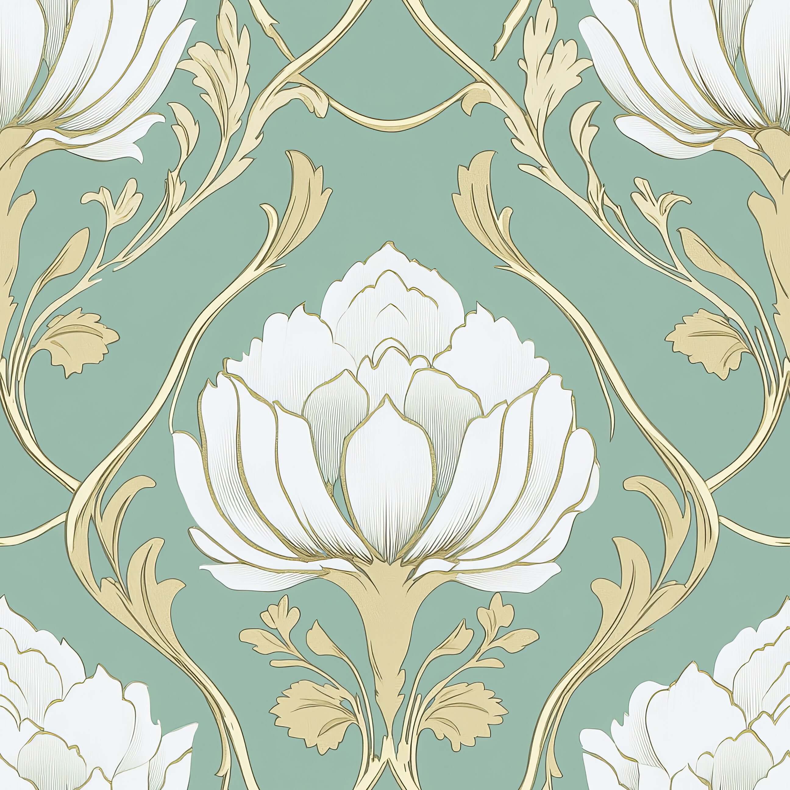 Art Nouveau-inspired wallpaper with ivory and gold lotus flowers and damask on teal, showcasing a timeless vintage design.