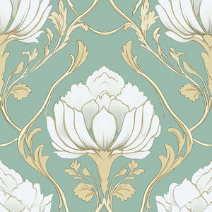 Art Nouveau-inspired wallpaper with ivory and gold lotus flowers and damask on teal, showcasing a timeless vintage design.