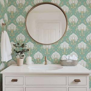Lotus Luxe Vintage wallpaper with ivory lotus flowers, teal background, and tan damask design, enhancing a bathroom space.