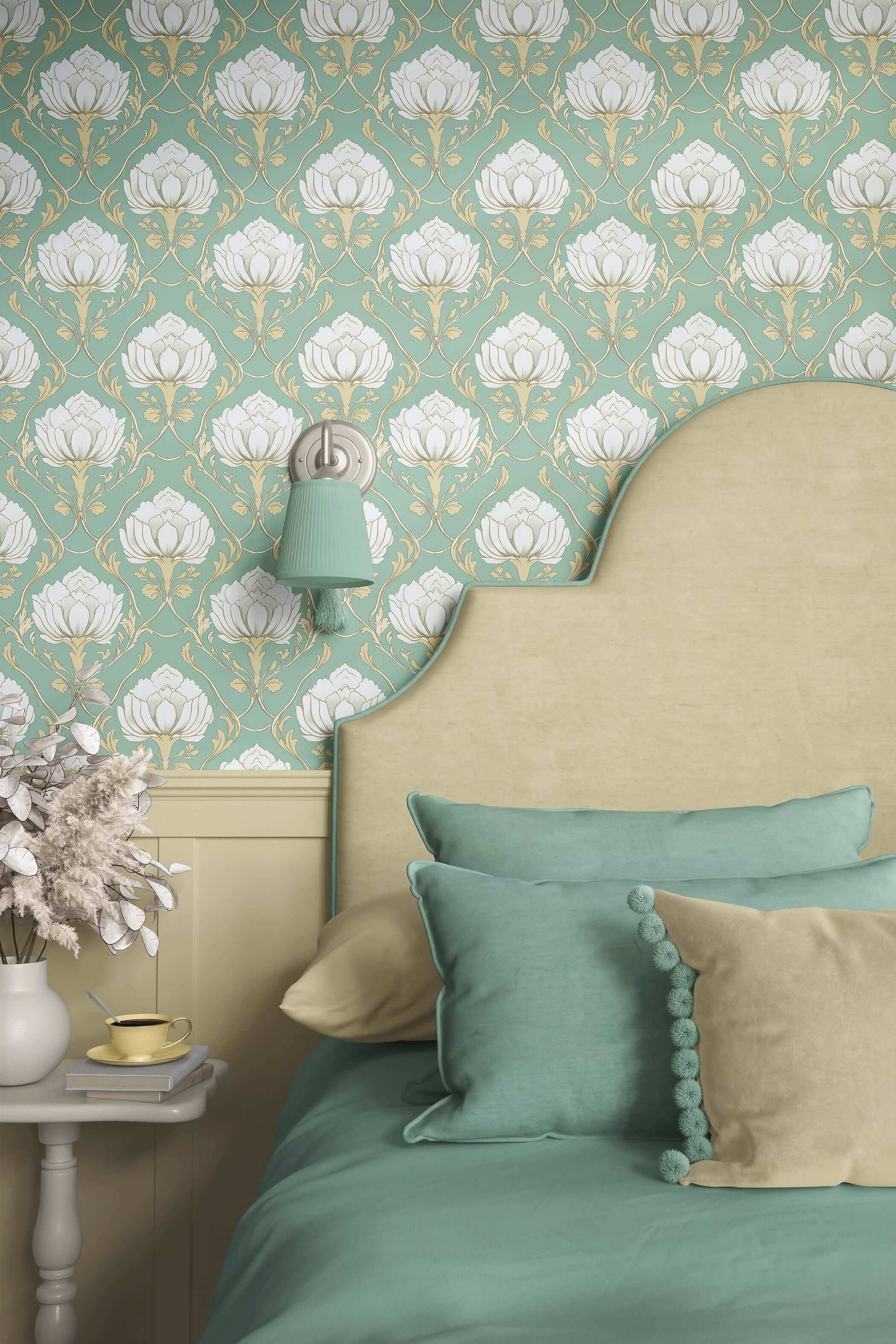 Elegant teal wallpaper with ivory lotus flowers and gold accents creates a vintage damask look, enhancing a serene bedroom setting.