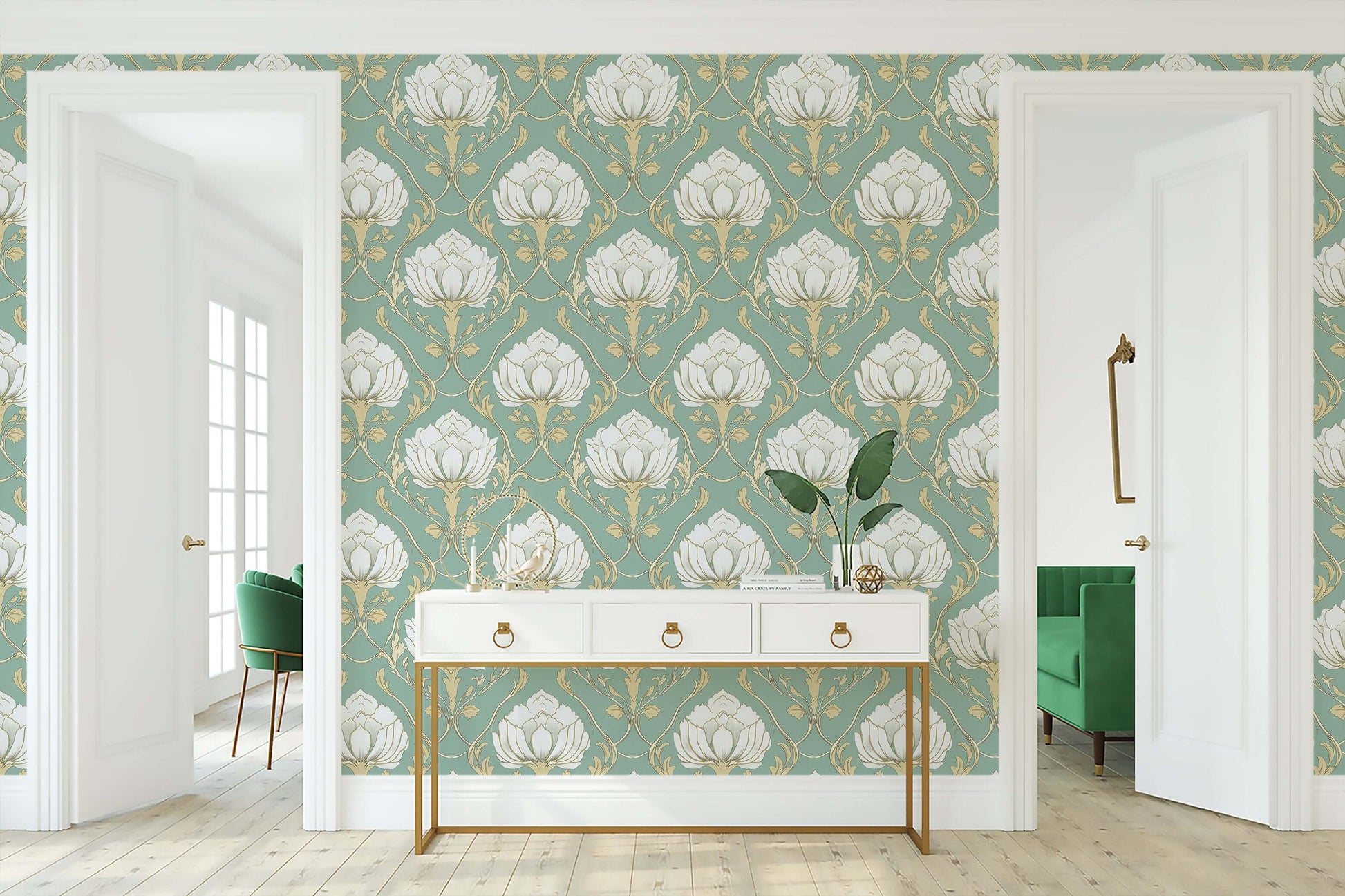 Lotus Luxe Vintage Wallpaper showcasing ivory lotus flowers on teal, featuring a timeless damask design perfect for elegant home decor.