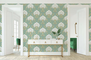 Lotus Luxe Vintage Wallpaper showcasing ivory lotus flowers on teal, featuring a timeless damask design perfect for elegant home decor.