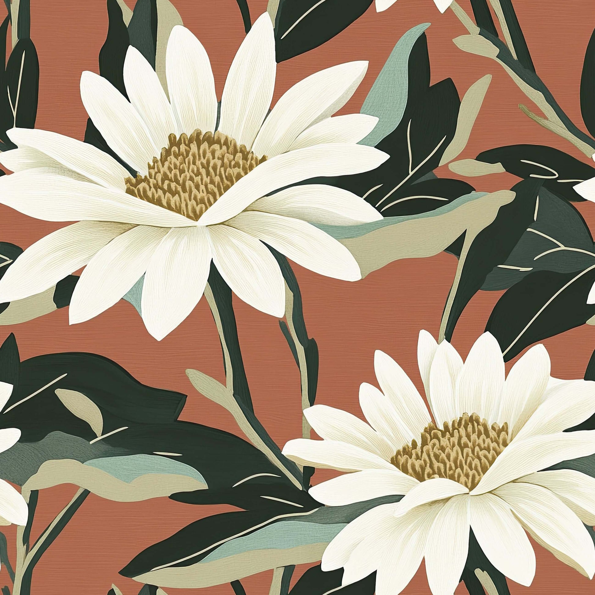 Rustic Radiance Floral Wallpaper: Ivory daisies on salmon terracotta with green leaves, featuring contemporary rustic style.