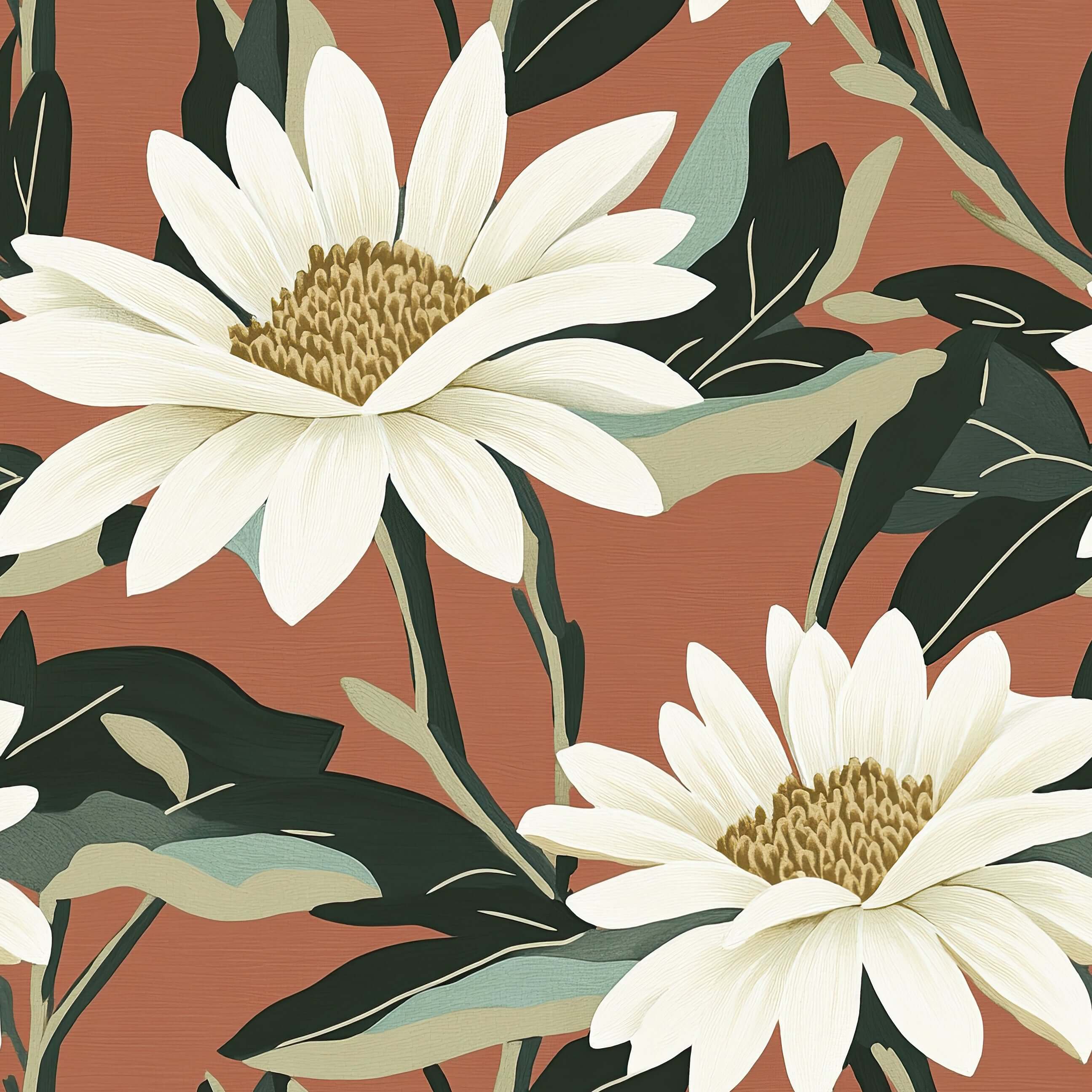 Rustic Radiance Floral Wallpaper: Ivory daisies on salmon terracotta with green leaves, featuring contemporary rustic style.