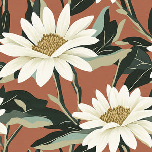 Rustic Radiance Floral Wallpaper: Ivory daisies on salmon terracotta with green leaves, featuring contemporary rustic style.