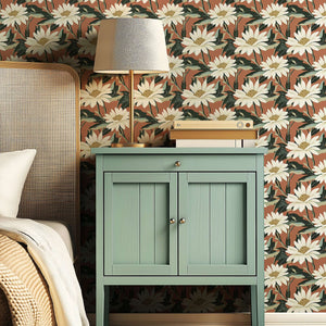 Rustic Radiance Floral wallpaper with ivory daisies and salmon background highlighting contemporary design in a cozy bedroom setting.