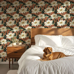 Rustic Radiance Floral Wallpaper with ivory daisies on salmon background, modern bedroom decor with wooden furniture and dog.