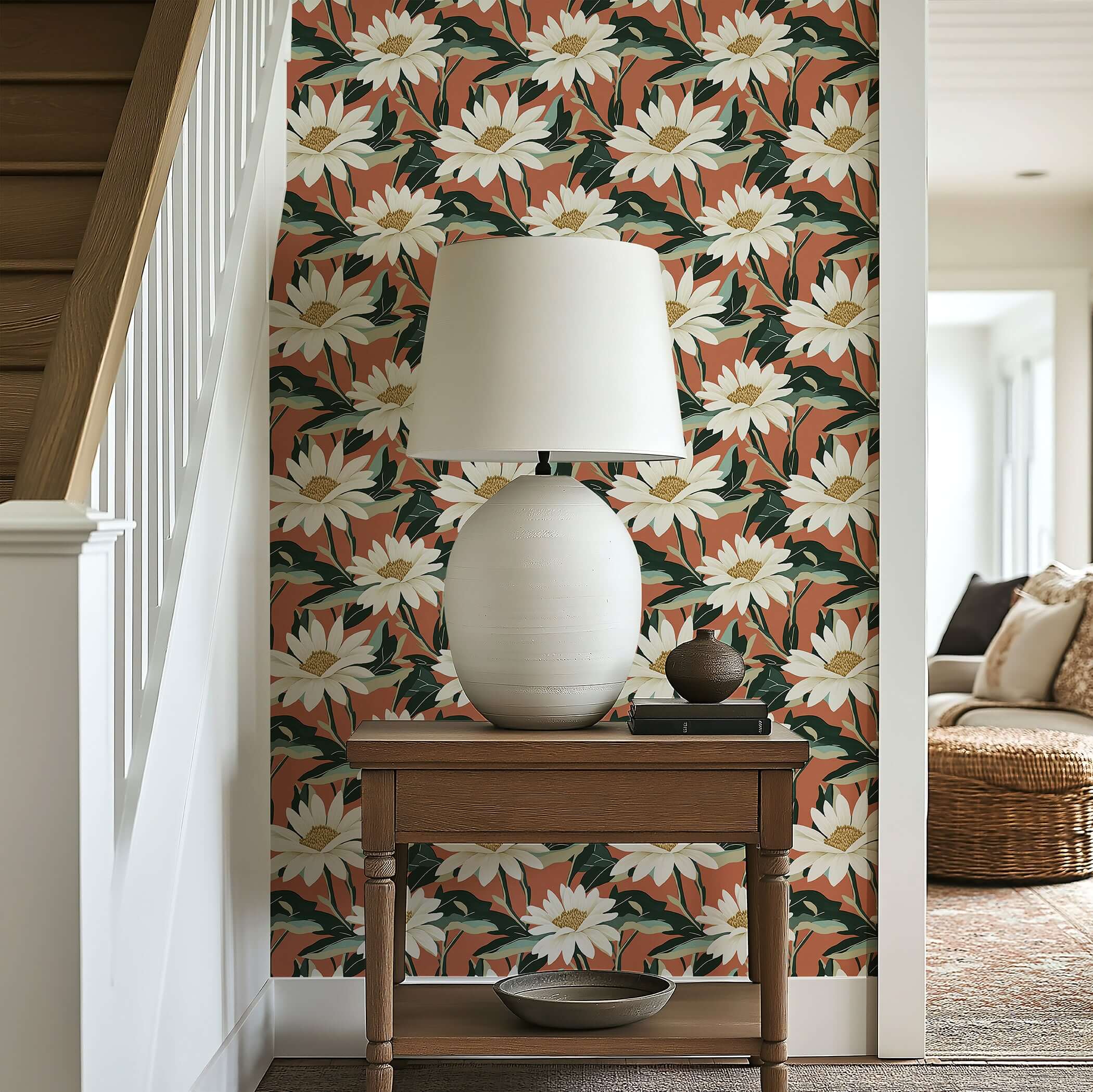 Rustic Radiance Floral Wallpaper with ivory daisies on terracotta and green foliage background, featuring contemporary design.