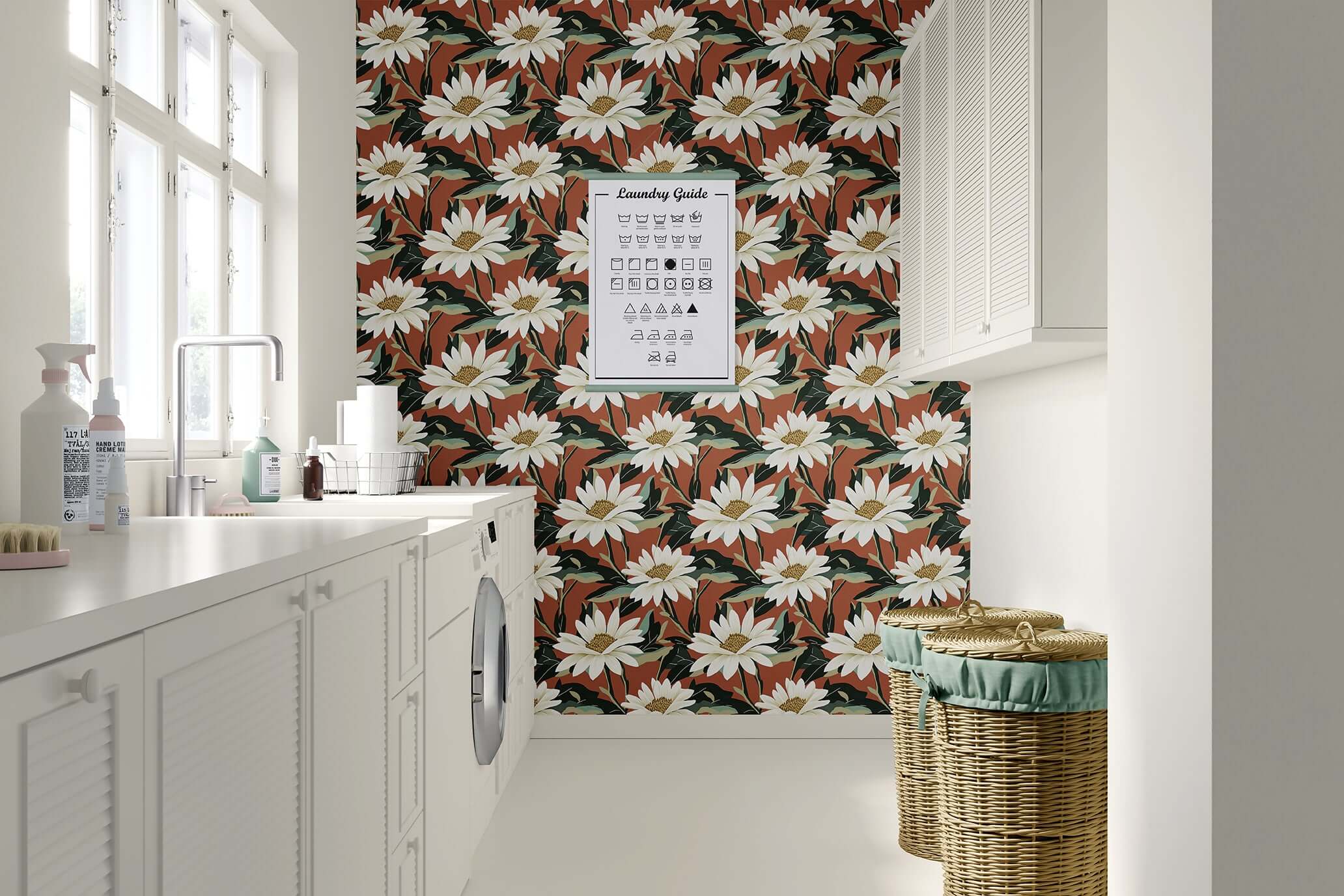 Contemporary wallpaper with bold ivory daisies and rich green foliage on terracotta background, enhancing rustic floral charm.