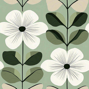 Vintage Sage Blossom wallpaper with white flowers and green leaves on a sage backdrop; mid-century modern decor.