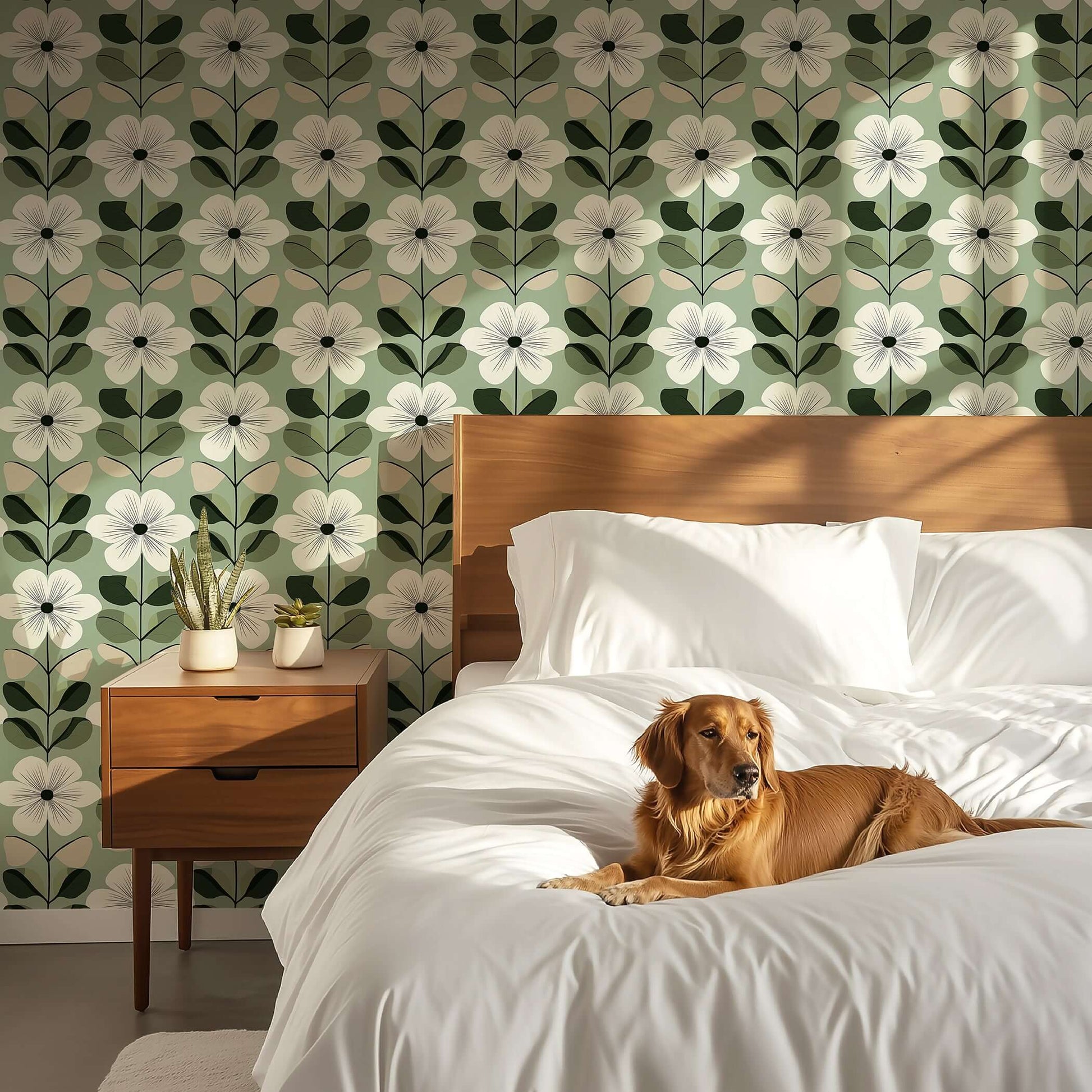Mid-century modern bedroom with Vintage Sage Blossom wallpaper, featuring white flowers and green leaves, enhancing the serene decor.