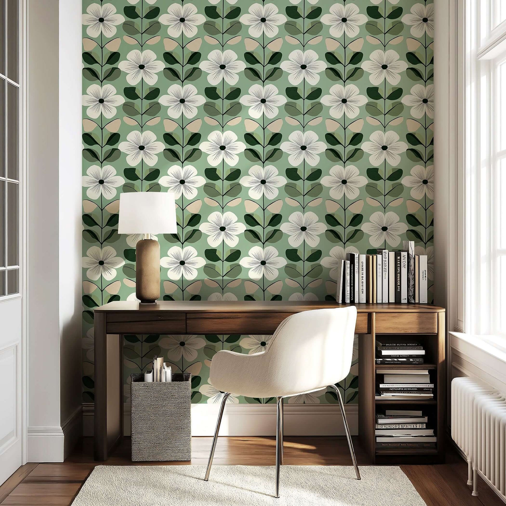 Mid-century modern wallpaper featuring white flowers on a sage green background in a stylish home study with wooden furniture.