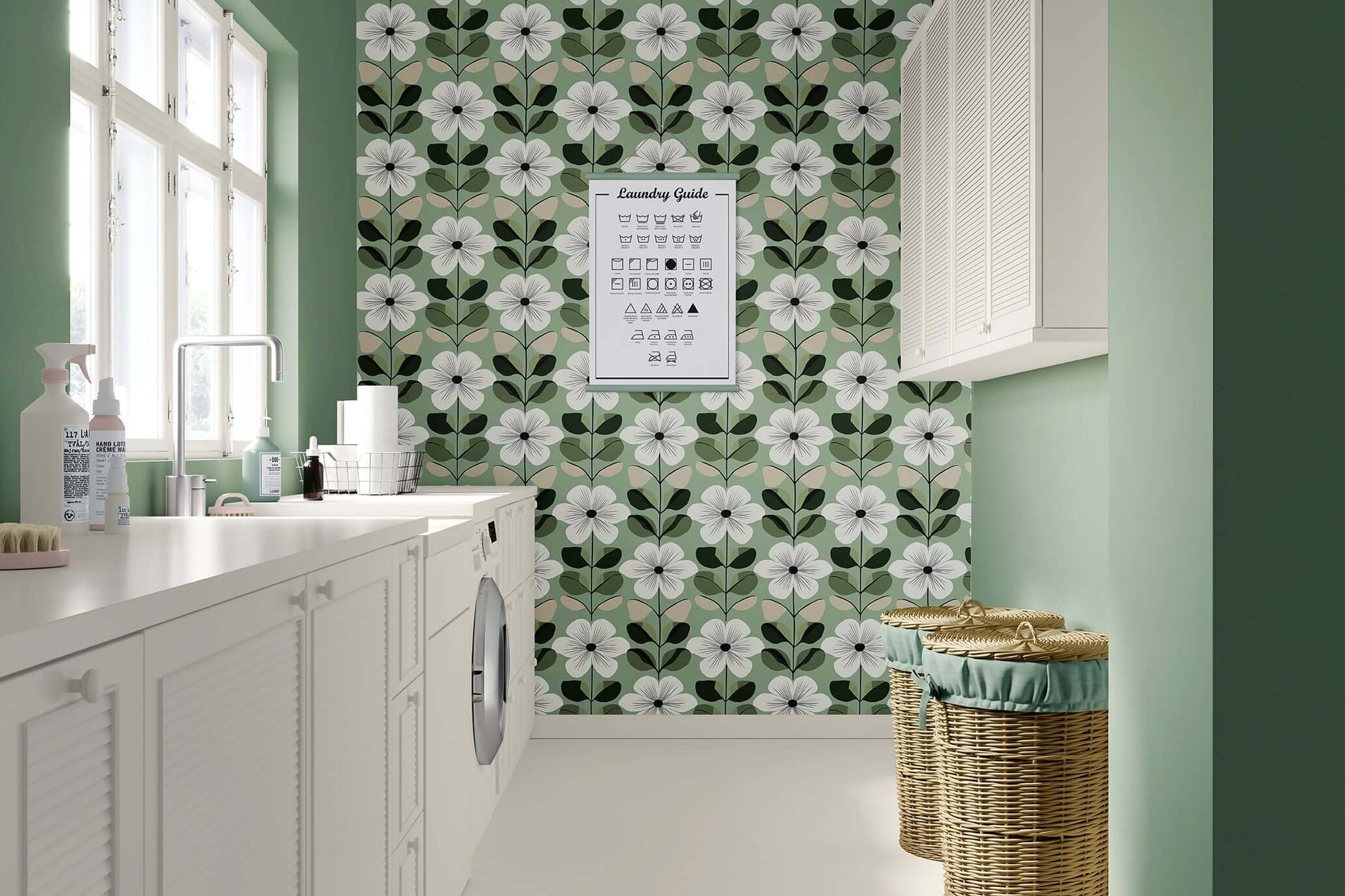 Mid-century modern wallpaper with white flowers and green foliage on a sage backdrop in a laundry room with wicker baskets.