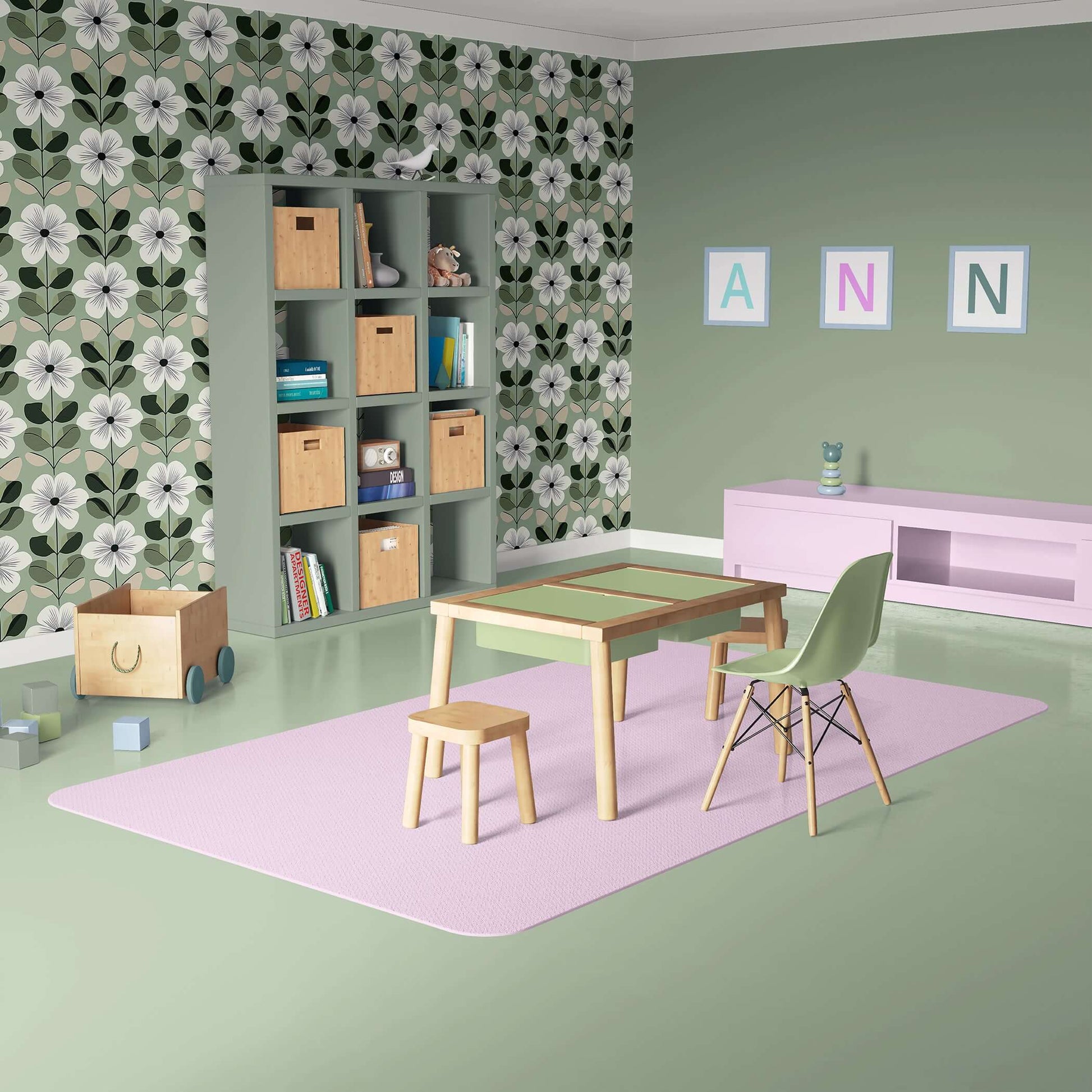 Mid-century modern room with Vintage Sage Blossom wallpaper, featuring white flower patterns on a sage green backdrop.