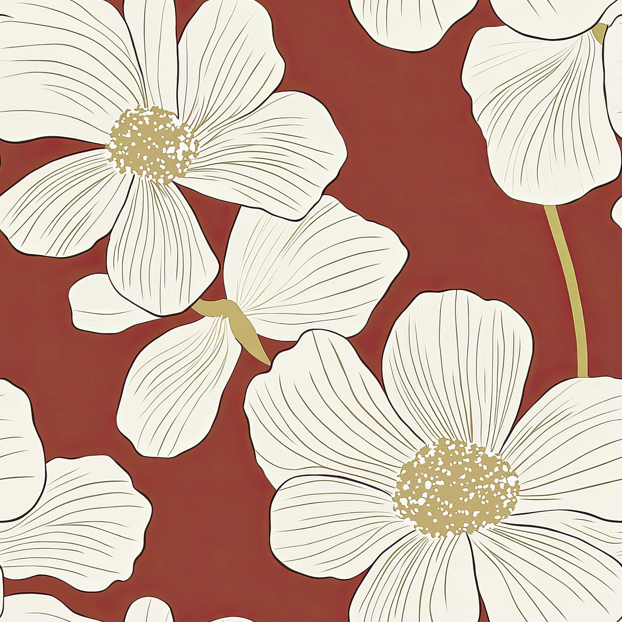 Red floral heritage wallpaper with ivory flowers, modern design, and intricate details on a rich red background.