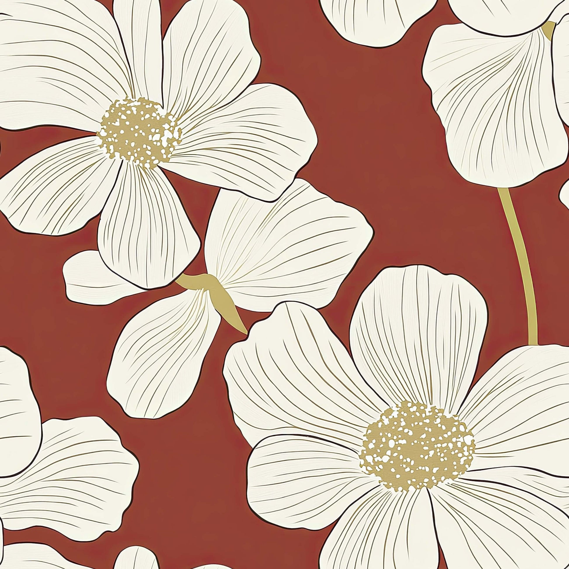 Red floral heritage wallpaper with ivory flowers, modern design, and intricate details on a rich red background.