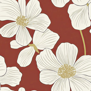 Red floral heritage wallpaper with ivory flowers, modern design, and intricate details on a rich red background.