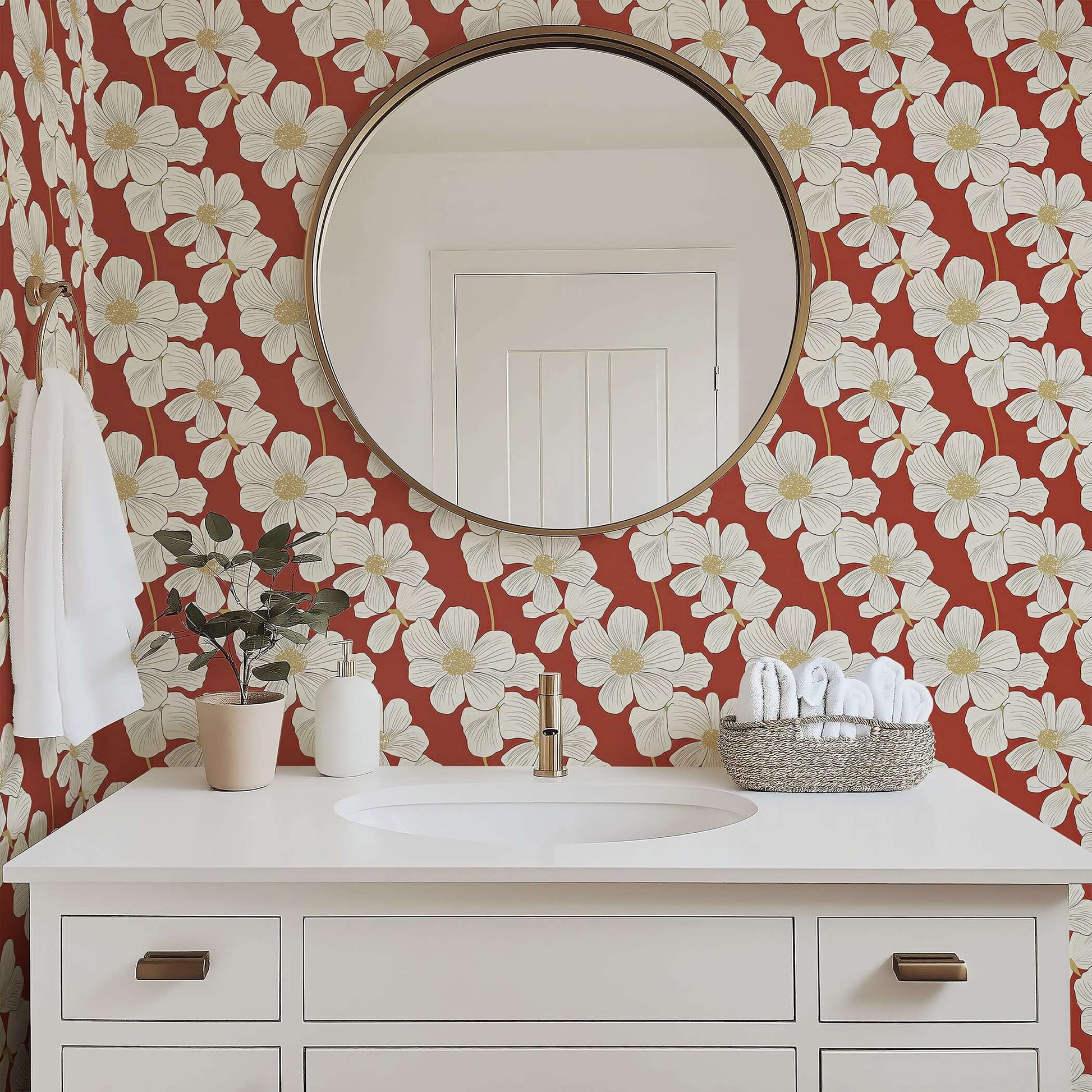 Modern bathroom with Red Floral Heritage Wallpaper featuring ivory flowers on red background, enhancing elegance and contemporary style.
