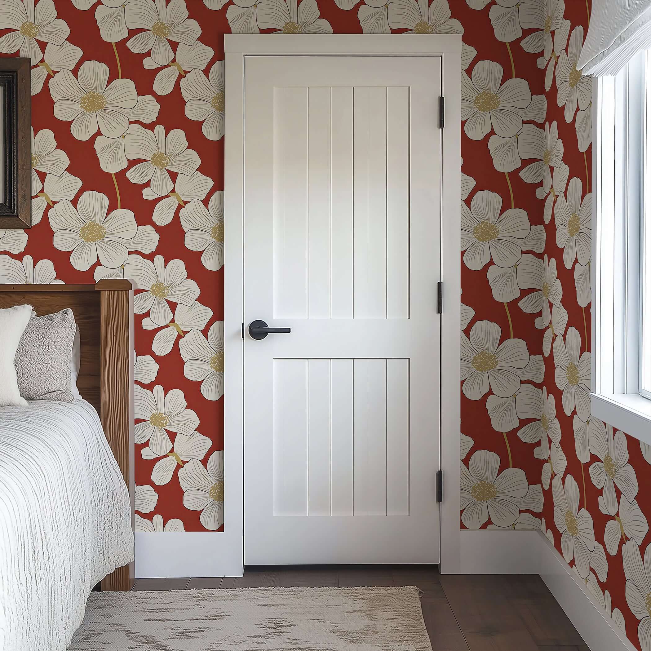 Modern red floral heritage wallpaper with white flowers, enhancing bedroom decor with elegance and contemporary style.