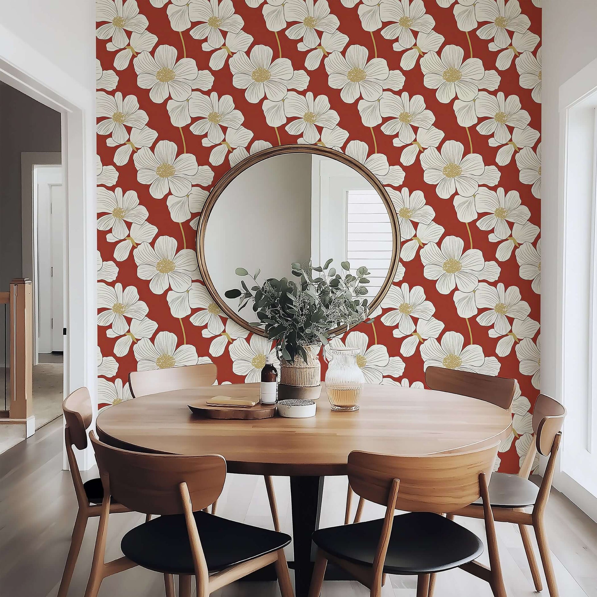Dining room with Red Floral Heritage Wallpaper featuring white flowers on red background, blending modern and contemporary design.