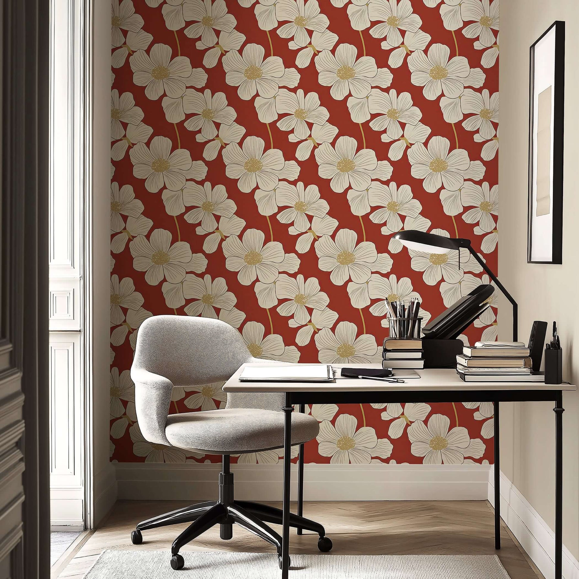 Red floral wallpaper with ivory flowers on heritage red background, ideal for modern interiors; features contemporary style and elegance.