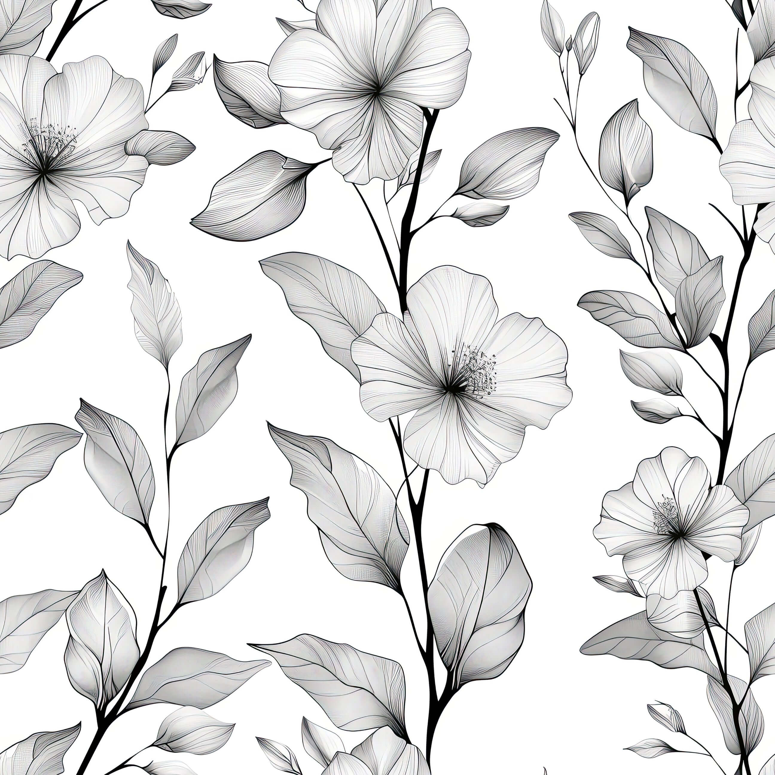 Monochromatic floral wallpaper featuring hand-drawn black and white flowers and foliage for a modern interior design.