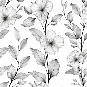 Monochromatic floral wallpaper featuring hand-drawn black and white flowers and foliage for a modern interior design.