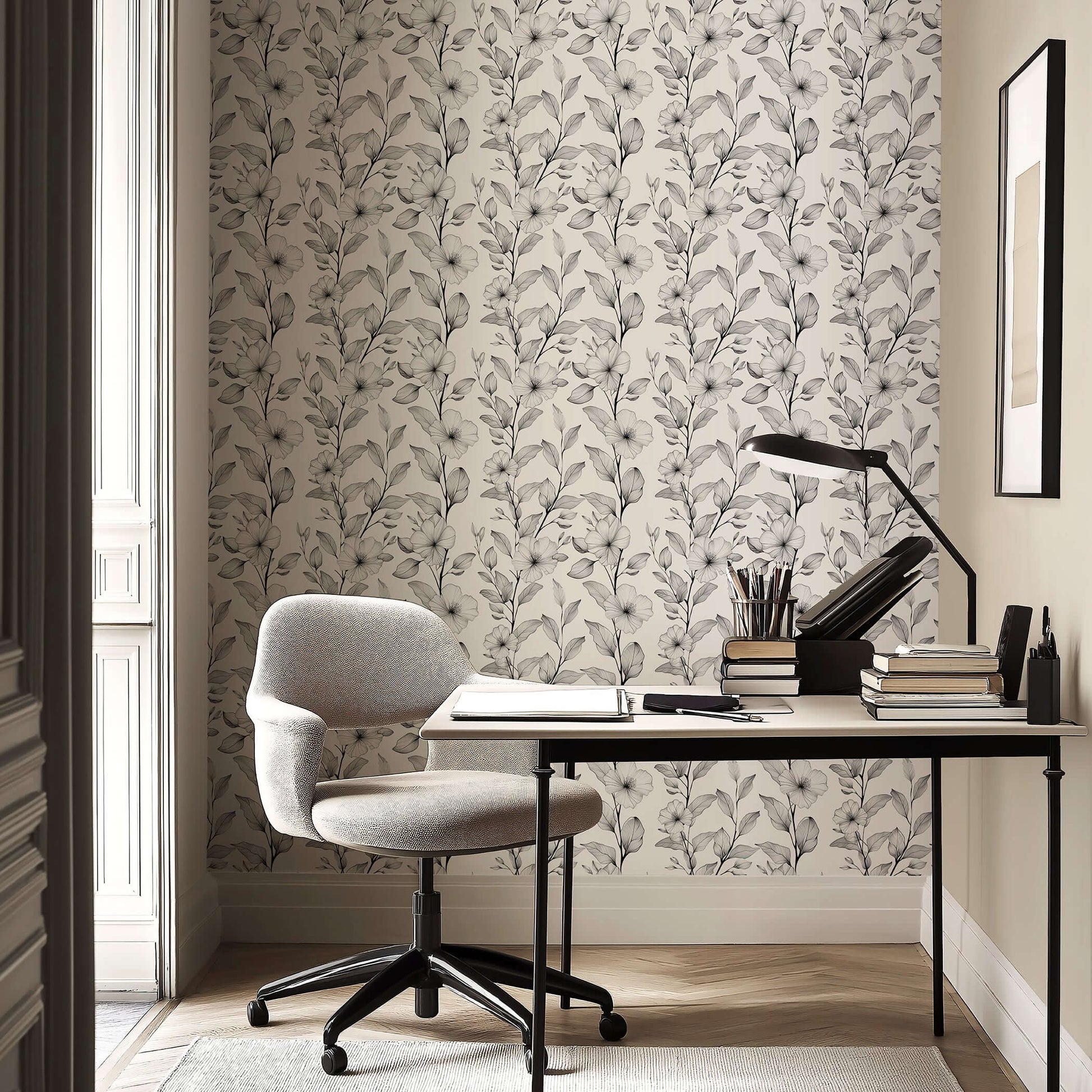 Modern workspace with Black and White Bloomscape floral wallpaper in monochromatic design, enhancing elegance with gray hand-drawn flowers.