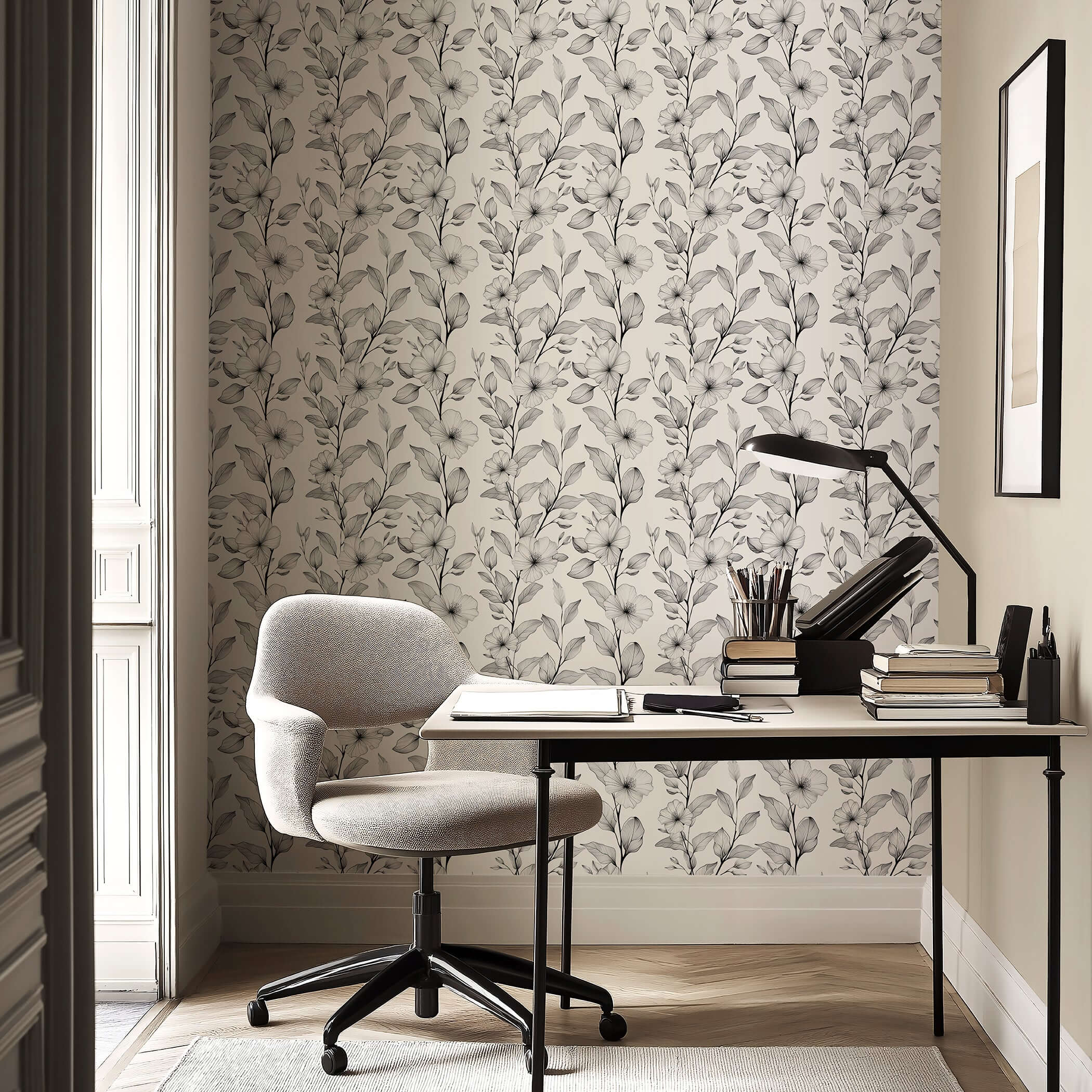 Modern workspace with Black and White Bloomscape floral wallpaper in monochromatic design, enhancing elegance with gray hand-drawn flowers.
