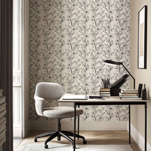 Modern workspace with Black and White Bloomscape floral wallpaper in monochromatic design, enhancing elegance with gray hand-drawn flowers.