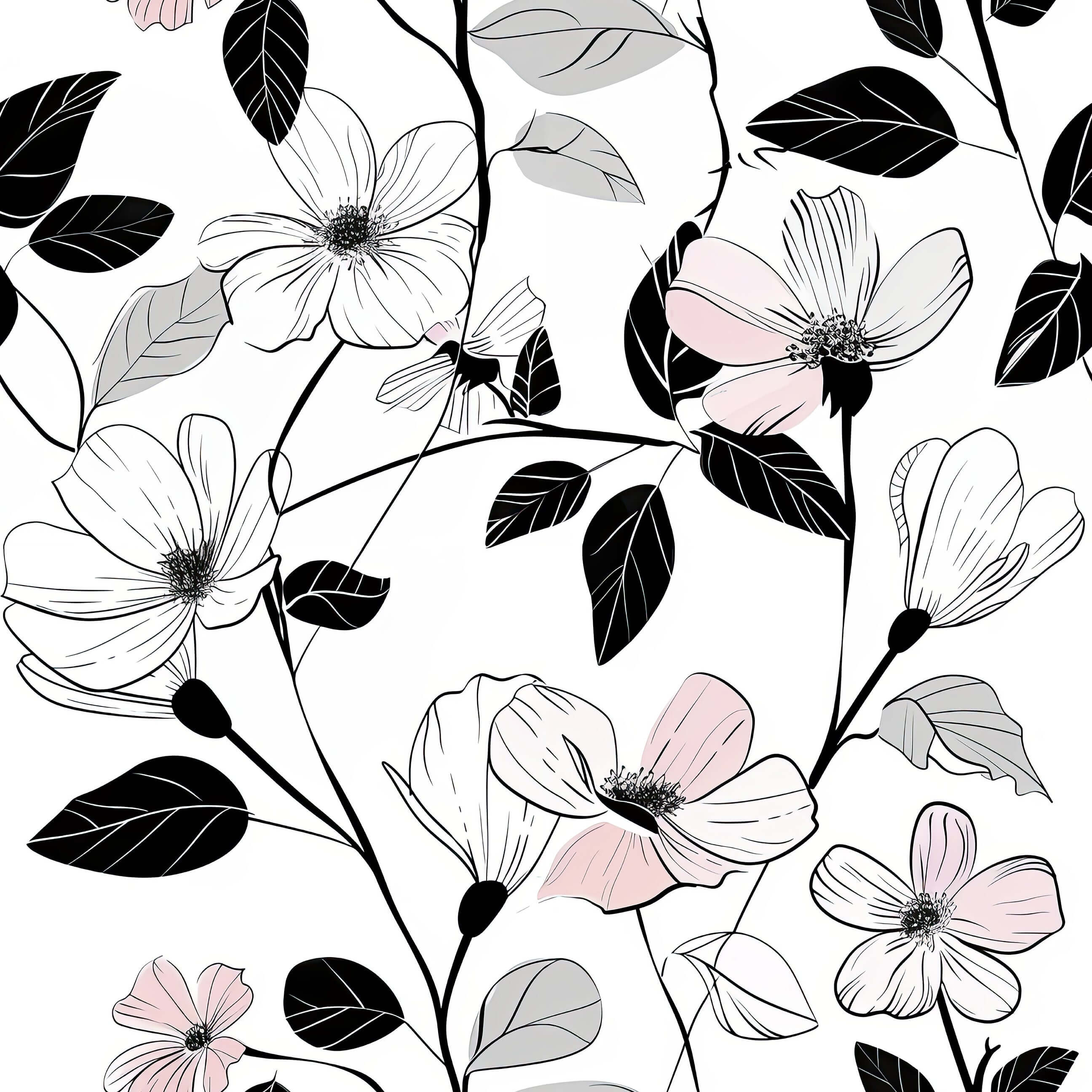 Modern Floral Whisper wallpaper with monochrome florals, soft blush, and striking black foliage for bedrooms or accent walls.