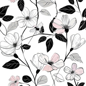Modern Floral Whisper wallpaper with monochrome florals, soft blush, and striking black foliage for bedrooms or accent walls.