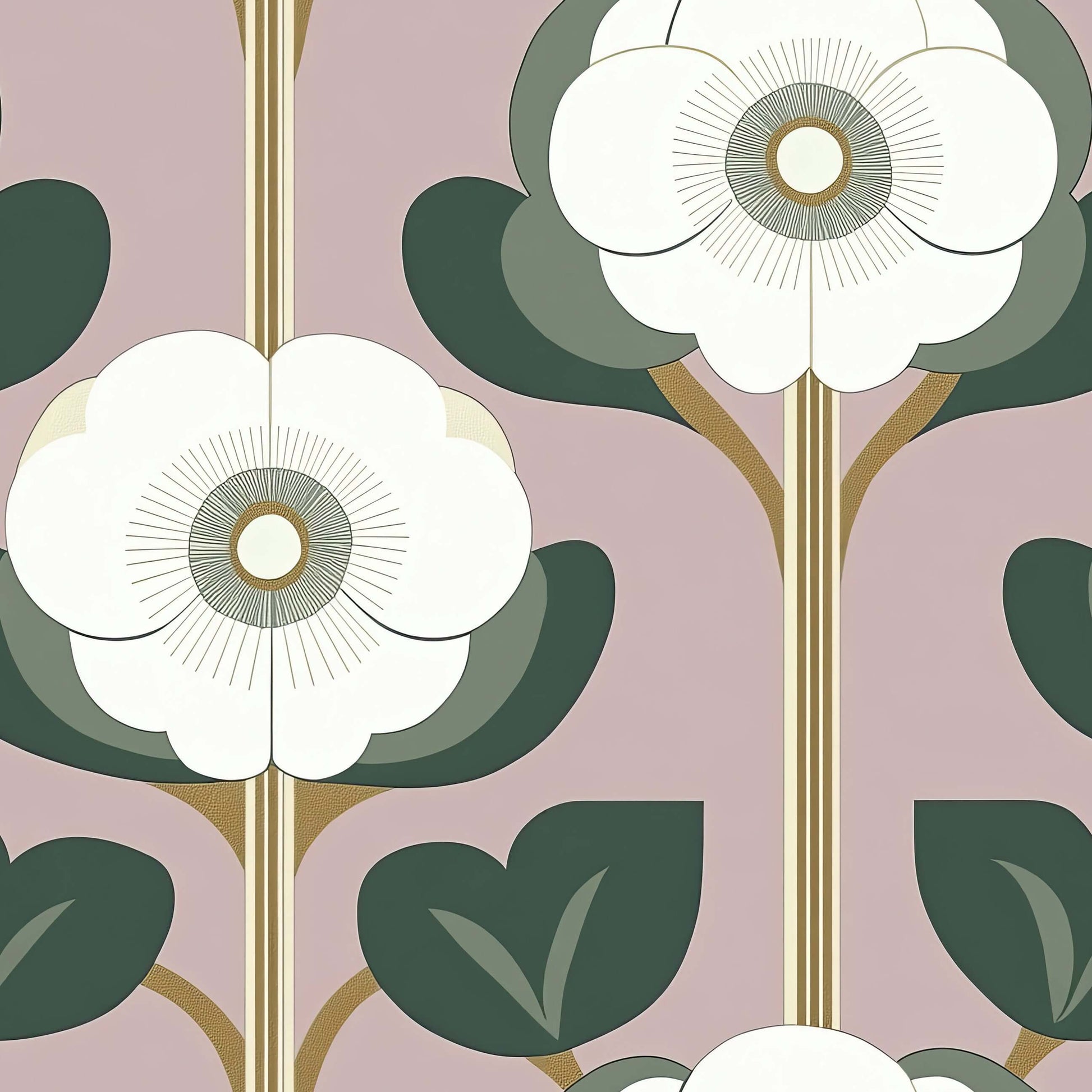 Retro-inspired vintage wallpaper with stylized white flowers and green leaves on a blush pink background. Perfect for accent walls.