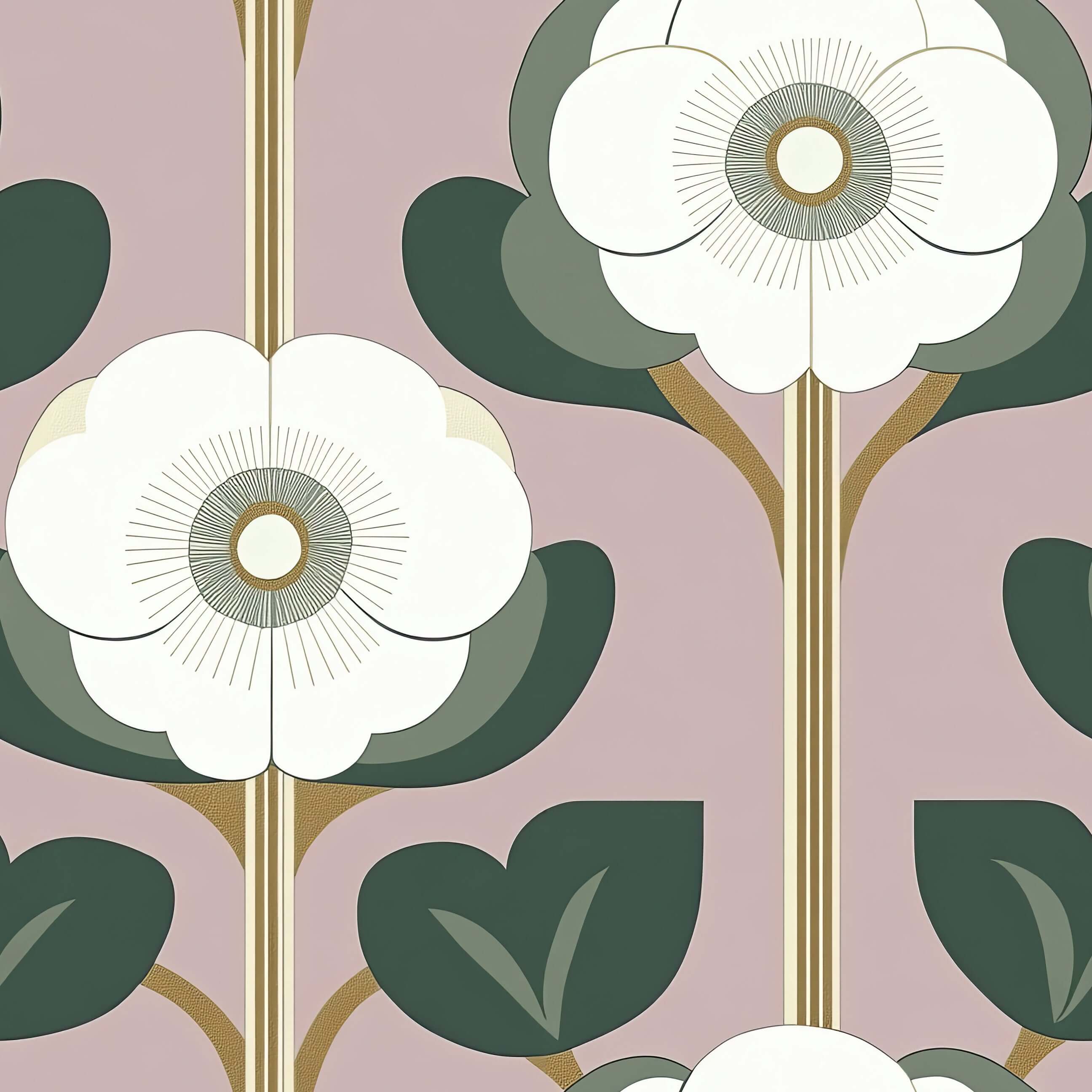 Retro-inspired vintage wallpaper with stylized white flowers and green leaves on a blush pink background. Perfect for accent walls.