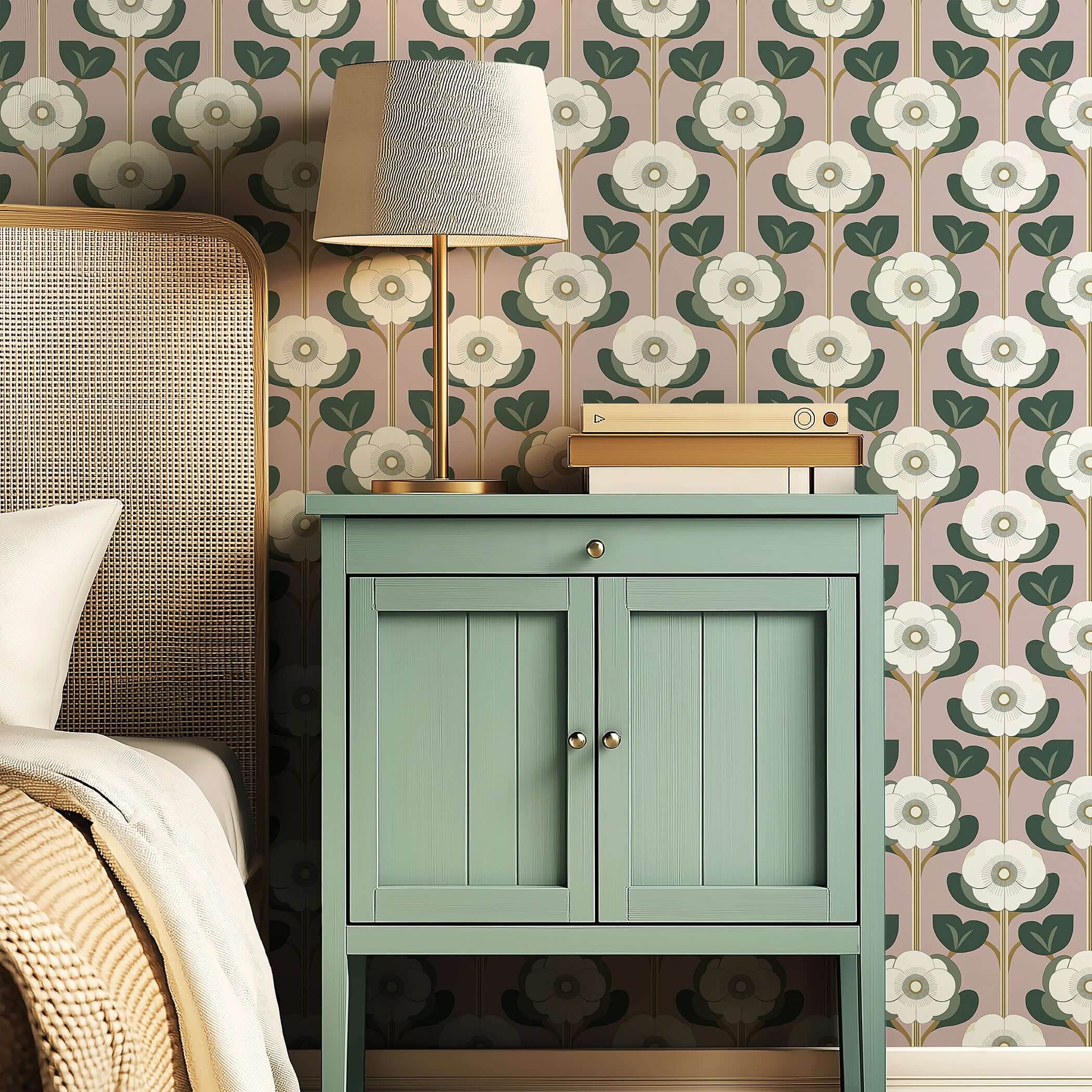 Blush Garden Revival wallpaper with vintage floral patterns in soft white and green on a pink backdrop, enhancing bedroom decor.