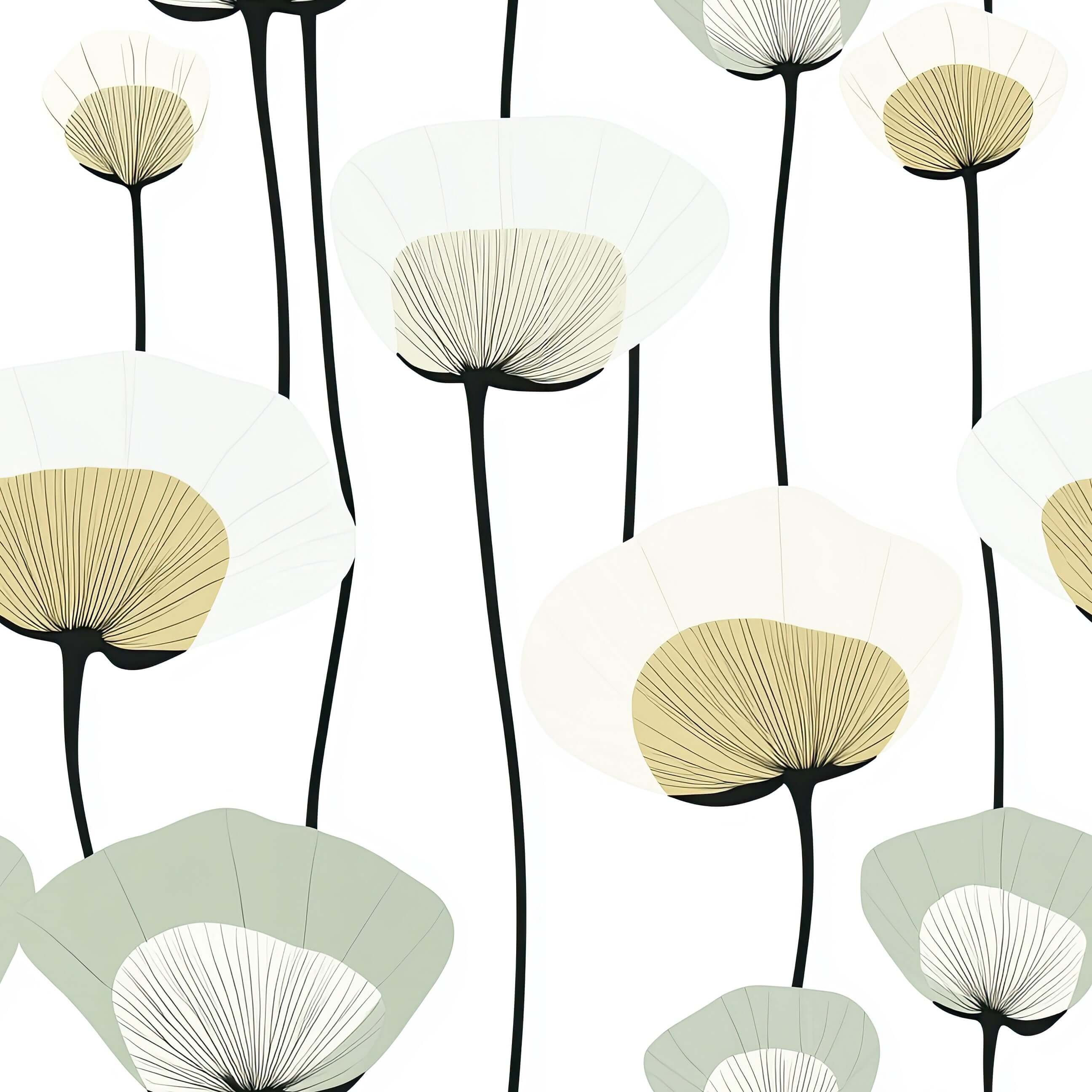 Chic Floral Minimalism Wallpaper with abstract flowers in sage and ivory, ideal for mid-century modern decor and contemporary spaces.