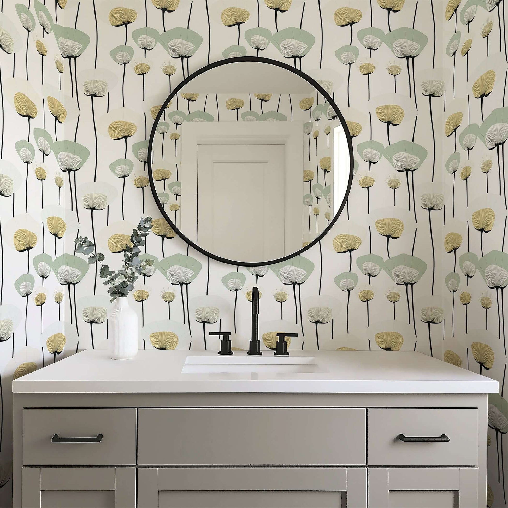 Mid-century modern chic floral minimalism wallpaper in bathroom, featuring muted sage, ivory flowers, and contemporary design.