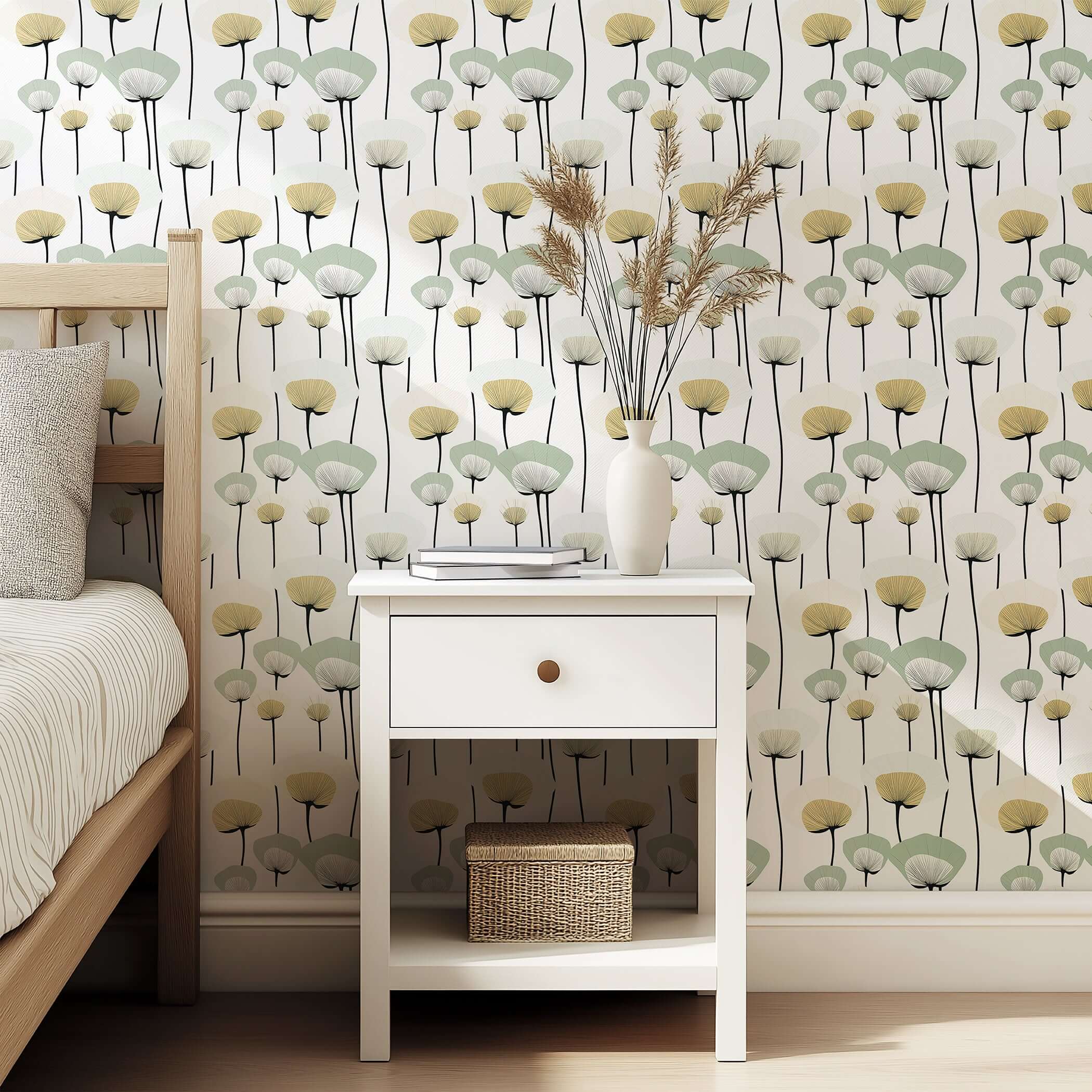 Chic Floral Minimalism Wallpaper in muted sage, ivory, and gold, featuring mid-century-modern floral design for contemporary spaces.