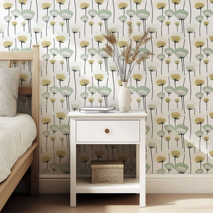 Chic Floral Minimalism Wallpaper in muted sage, ivory, and gold, featuring mid-century-modern floral design for contemporary spaces.