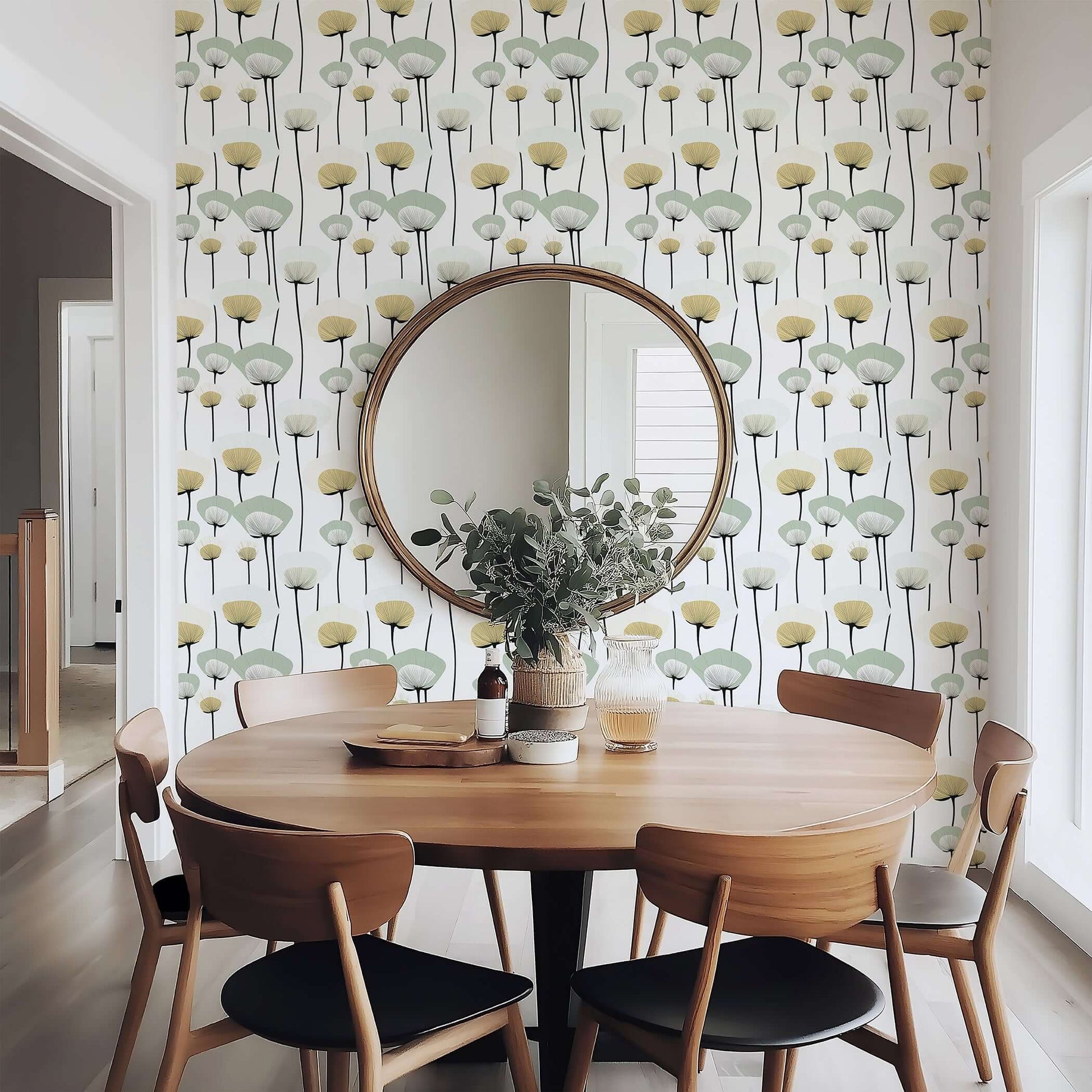 Mid-century-modern dining room with chic floral minimalism wallpaper featuring abstract flowers in muted sage, ivory, and soft gold.