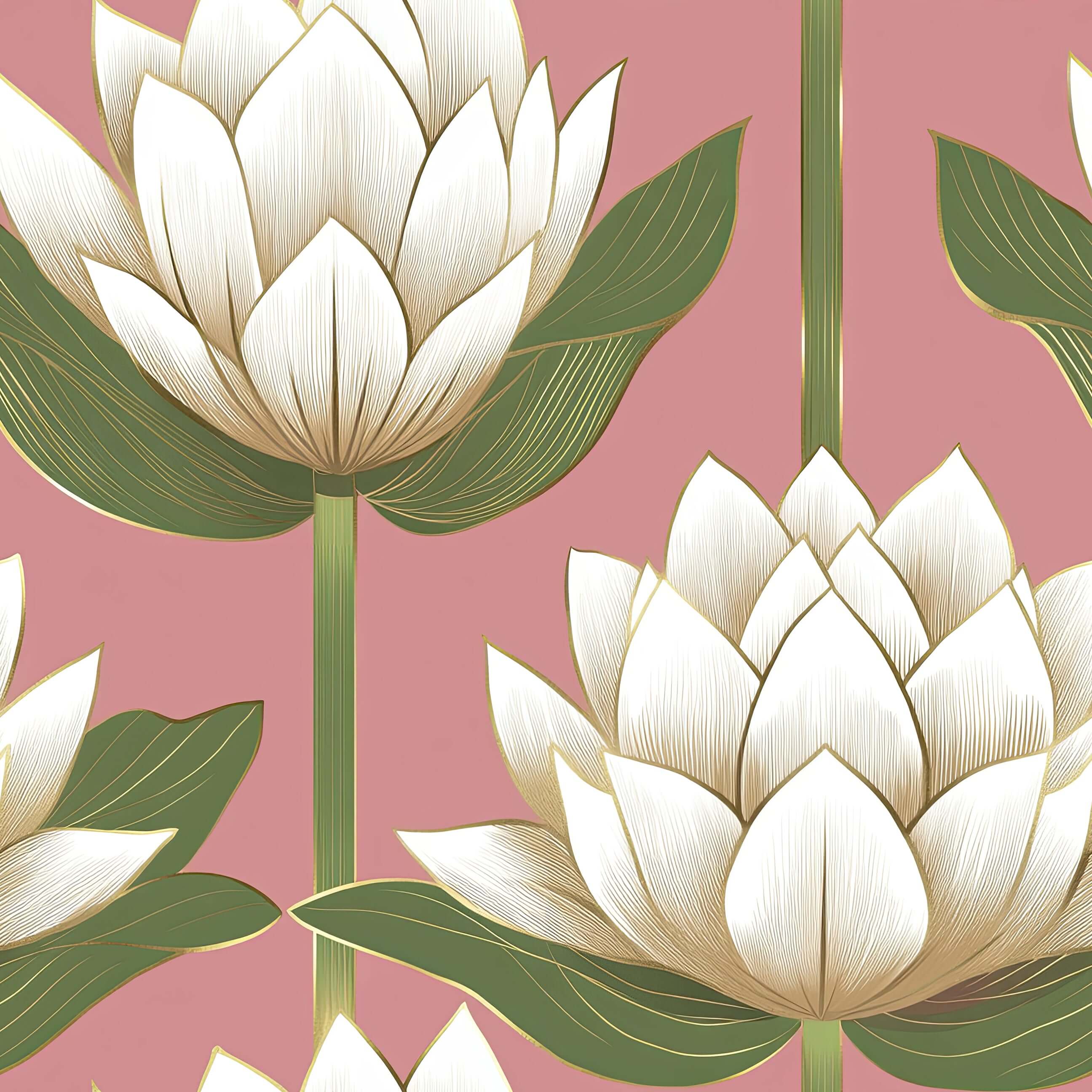 "Lotus Serenade wallpaper featuring white lotus flowers with green leaves on a pink background, offering a modern and contemporary design."